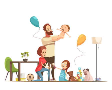 Young family with kids home playing with baby boy and little girl retro cartoon poster vector illustrationのイラスト素材