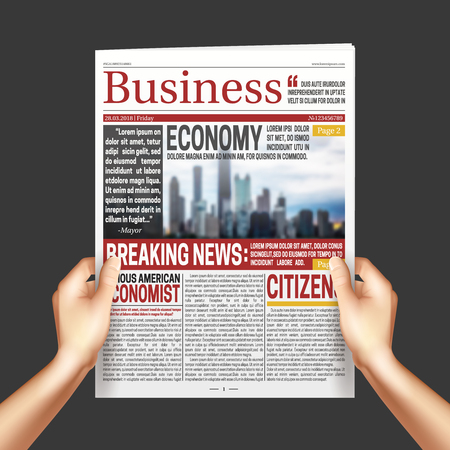 Reading International economy business news poster with hands holding newspaper on dark background realistic vector illustrationのイラスト素材