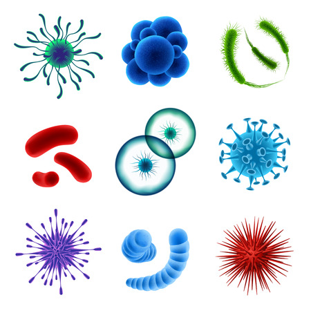 Set of realistic microscopic colorful viruses of various shape on white background isolated vector illustrationのイラスト素材