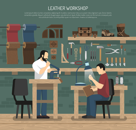 Skinners working with leather in workshop interior with tools and skin goods flat vector illustrationのイラスト素材