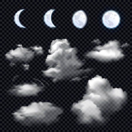 Realistic set of four phases of moon and different cloud shapes on transparent background isolated vector illustration.のイラスト素材