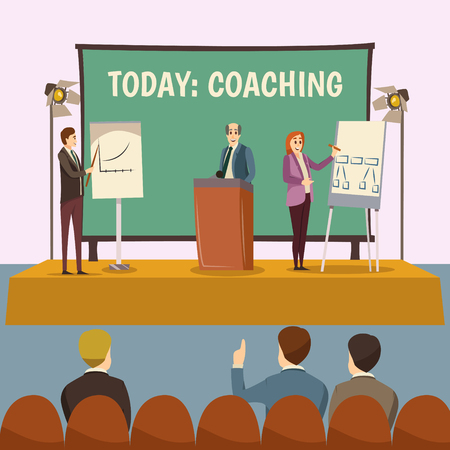 Coaching lecture with business training and conference symbols flat vector illustrationのイラスト素材