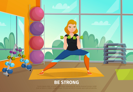 Healthy lifestyle poster with young slim woman training with dumbbells at gym cartoon vector illustrationのイラスト素材
