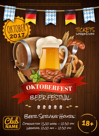 Festive oktoberfest poster with beer barrel sausages wheat mug and party flags on wooden background vector illustration.のイラスト素材