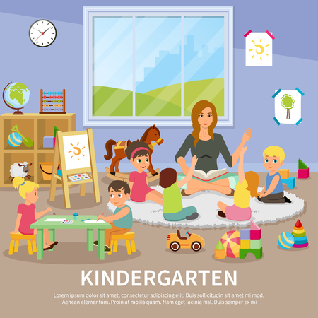 A Kindergarten flat composition with educator working with children, kids during drawing, colorful toys, interior elements vector illustrationのイラスト素材