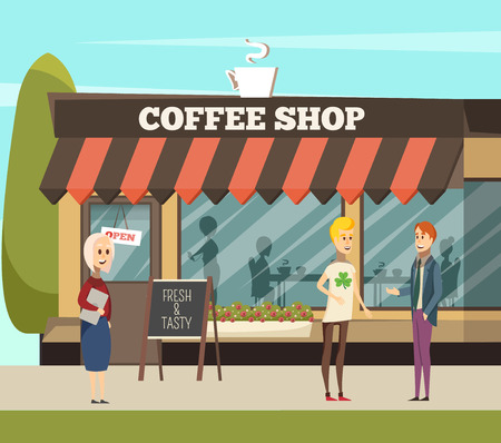 Coffee shop with tables chairs and coffee symbols orthogonal vector illustrationのイラスト素材