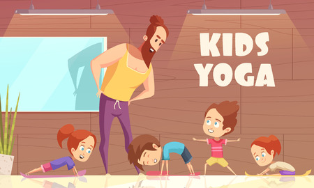 Kids yoga training vector illustration with learning instructor and children in different sport poses flat cartoon vector illustrationのイラスト素材