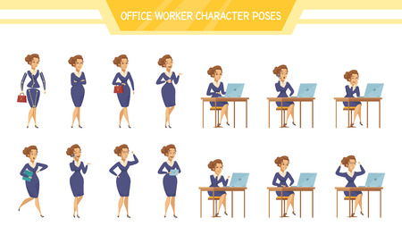 Female office worker poses talking on cell phone sitting at computer with tablet cartoon characters set vector illustrationのイラスト素材