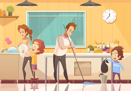 Kids helping parents cleaning kitchen retro cartoon poster with floor sweeping and washing dishes abstract vector illustrationのイラスト素材