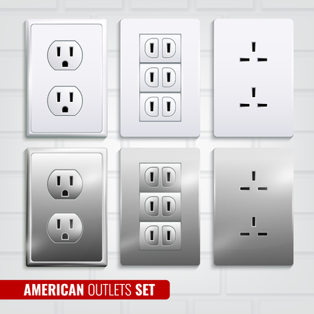Set of american outlets at white plastic plates isolated on light brick wall background 3d vector illustrationのイラスト素材