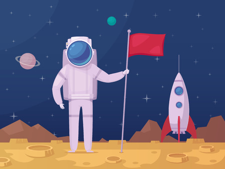 Spaceman with flag after moon landing on lunar surface with spacecraft on background cartoon poster vector illustrationのイラスト素材