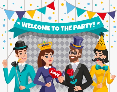 Colored carnival photo booth party people composition with welcome to the party headline or transparent vector illustrationのイラスト素材