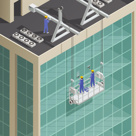 Cleaning of facade building isometric composition with workers washing windows from outside on hanging platform vector illustrationのイラスト素材