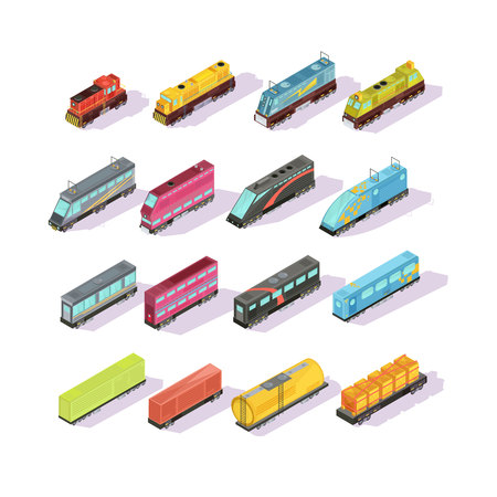 Trains isometric set of isolated colorful locomotive freight cars and passenger couch images with shadows vector illustrationのイラスト素材
