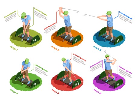 Golf colored isometric icons set of male players in different poses dealing putt with putters isolated vector illustrationのイラスト素材