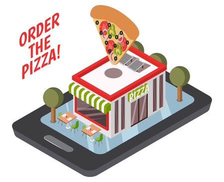 Online pizzeria isometric composition including restaurant building with street tables, trees on mobile device screen vector illustrationのイラスト素材