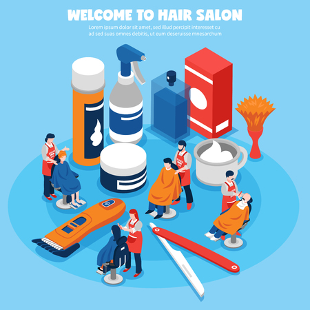 Colorful isometric concept with barbershop hairdressers their clients and equipment on blue background 3d vector illustrationのイラスト素材