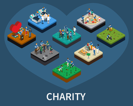 Set of isometric volunteer and charity organisations related compositions isolated vector illustration