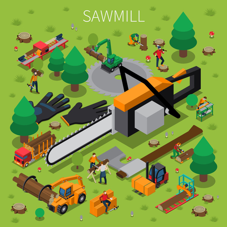 Sawmill timber mill lumberjack isometric compositionのイラスト素材