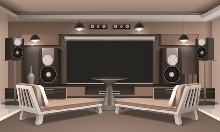 Modern home cinema interior with acoustic system, screen, couches with cushions and round table 3d vector illustrationのイラスト素材