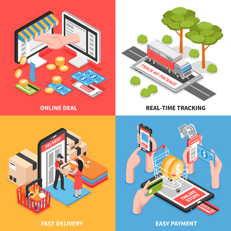 Shopping online e-commerce concept 4 isometric icons set with delivery tracking and easy payment isolated vector illustrationのイラスト素材