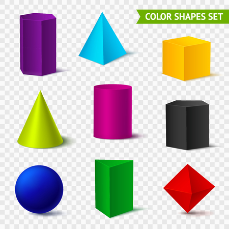 Realistic geometric shapes transparent color set with isolated geometrical objects of different color on transparent.