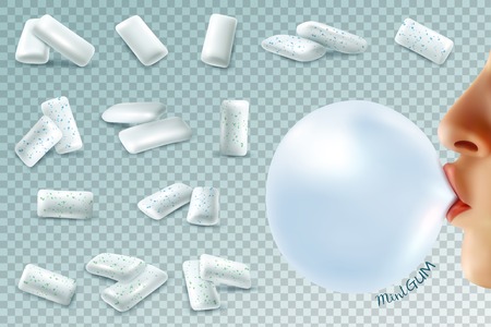 Realistic gum transparent set with mint chewing gum pieces and human lips with bubble on transparent background vector illustrationのイラスト素材