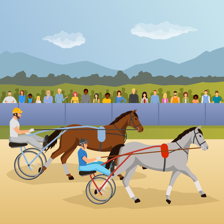 Harness racing flat composition with jockeys and horses, spectators behind fence on natural landscape background vector illustrationのイラスト素材