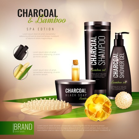 Handmade body cosmetics with charcoal and bamboo, wooden massage brush ad poster on blurred background vector illustrationのイラスト素材
