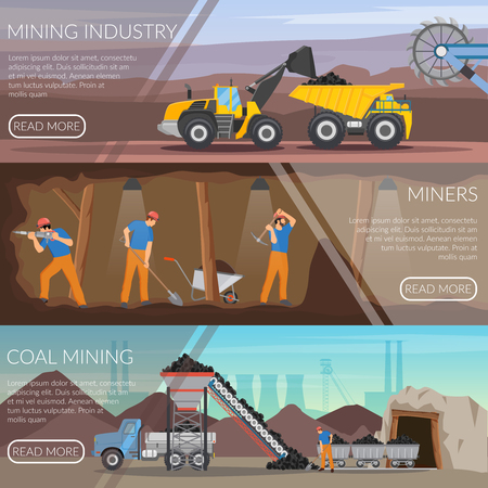 Set of flat horizontal banners with mining industry, workers with tools, coal extraction isolated vector illustrationのイラスト素材