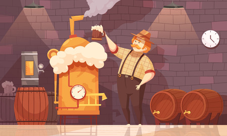 Brewer in own brewery demonstrating beer production near barrels and plant equipment  flat cartoon vector illustrationのイラスト素材