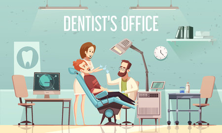 Dentists office cartoon vector illustration with with stomatological equipment patient in chair doctor and assistantのイラスト素材