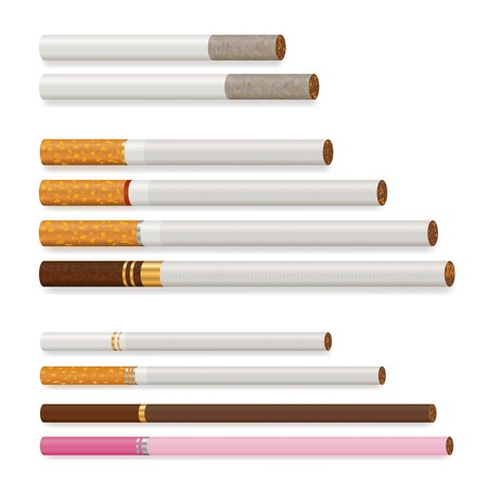 Various cigarettes of different size and color realistic set isolated on white background vector illustrationのイラスト素材
