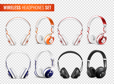 Set of realistic wireless earphones of various color with headband on transparent background isolated vector illustrationのイラスト素材
