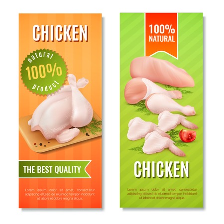 Vertical banners with chicken meat including carcass, fillet, legs and wings on bright background isolated vector illustrationのイラスト素材