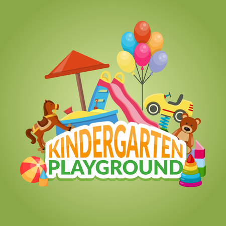 Playground elements of kindergarten flat composition with colorful toys, sandbox, slide, swings on green background vector illustrationのイラスト素材