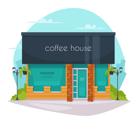 Coffeehouse coffee shop cafe street view flat poster with black roof and large green window panels vector illustrationのイラスト素材