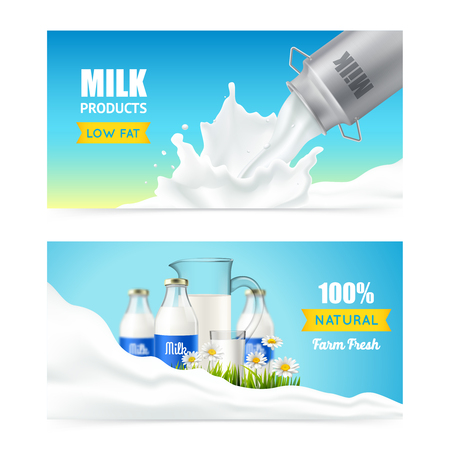 Milk product horizontal banners set with steel cream can glass bottles and flowers images with text vector illustrationのイラスト素材