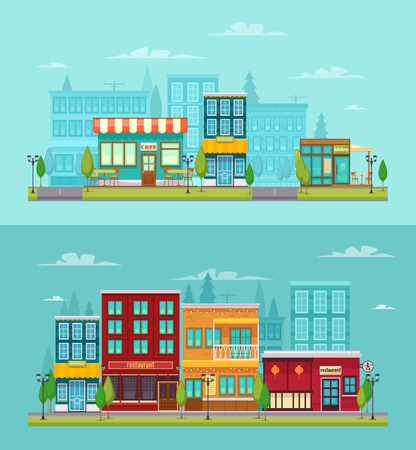 City street view 2 flat horizontal banners set with bistro restaurant bar and cafe isolated vector illustrationのイラスト素材