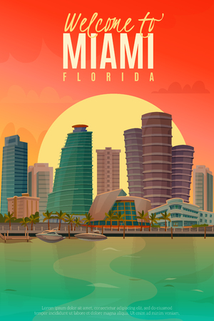 Flat design poster with beautiful evening scene of Miami vector illustrationのイラスト素材