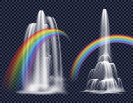 Set of isolated decorative elements representing waterfall cascade with rainbow on transparent background in realistic style vector illustrationのイラスト素材
