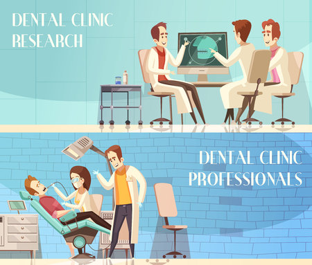 Dental clinic horizontal banners with group of dentists taking part in research and giving professional advice flat vector illustrationのイラスト素材