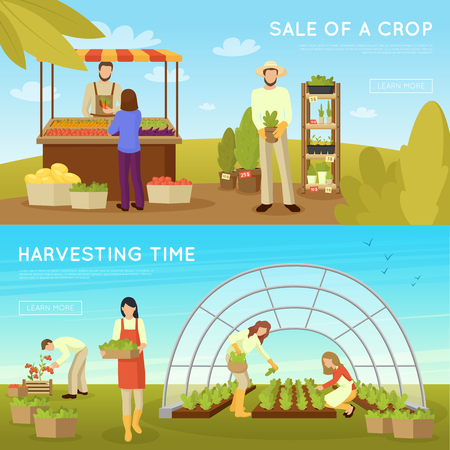 Gardening horizontal banners on blue sky background with sale of crop and harvesting time isolated vector illustrationのイラスト素材