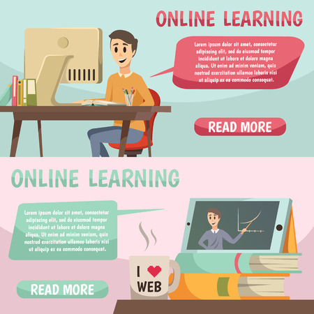 Online education banners In comics style with image of lecturer in tablet student at monitor and speech bubbles flat vector illustrationのイラスト素材
