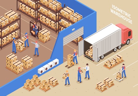 Logistics and warehouse background with workers and cargo symbols isometric vector illustrationのイラスト素材