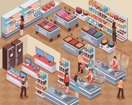 Supermarket with people food drink and electronics symbols isometric vector illustrationのイラスト素材