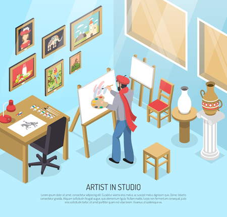 Artist with paintbrush and palette near easel with canvas in blue studio with artworks isometric vector illustrationのイラスト素材