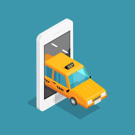Smart taxi isometric design concept with yellow cab leaves from screen of smartphone vector illustrationのイラスト素材