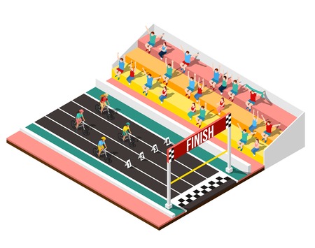 Cycling design concept with isometric fragment of stadium fans and athletes approached to finish line vector illustrationのイラスト素材