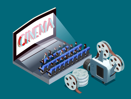 People watching movie at cinema and set of reels 3d isometric vector illustrationのイラスト素材